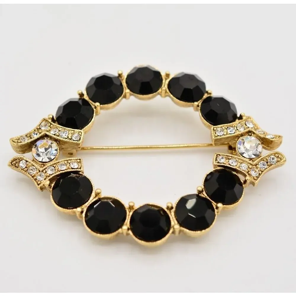Vintage Black Crystal Pin Brooch Round Gold Rhinestone Chunky Sparkling BinAL